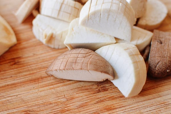 Scored pieces of king oyster mushroom, thewoksoflife.com