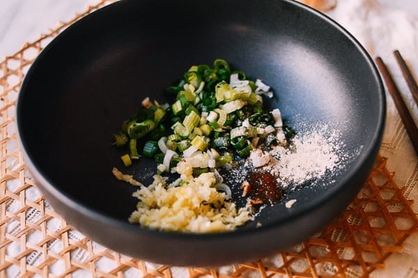 Scallions, garlic, soy sauce, sugar, white pepper, thewoksoflife.com