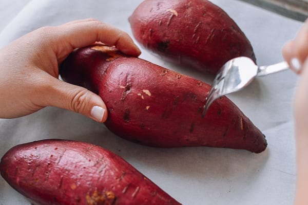 Poking holes in Japanese sweet potato, thewoksoflife.com