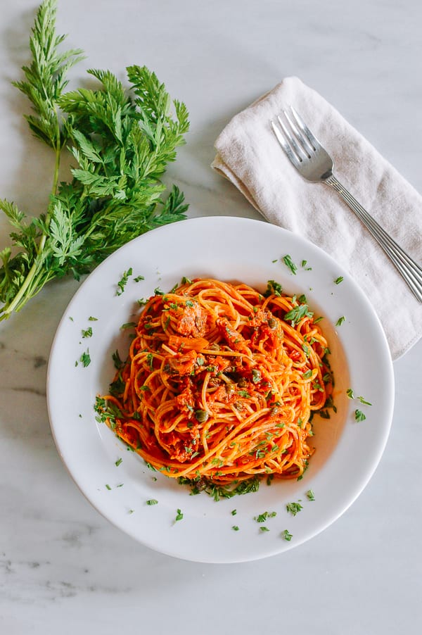 Pantry Spaghetti with Tomato Sauce and Tuna, thewoksoflife.com