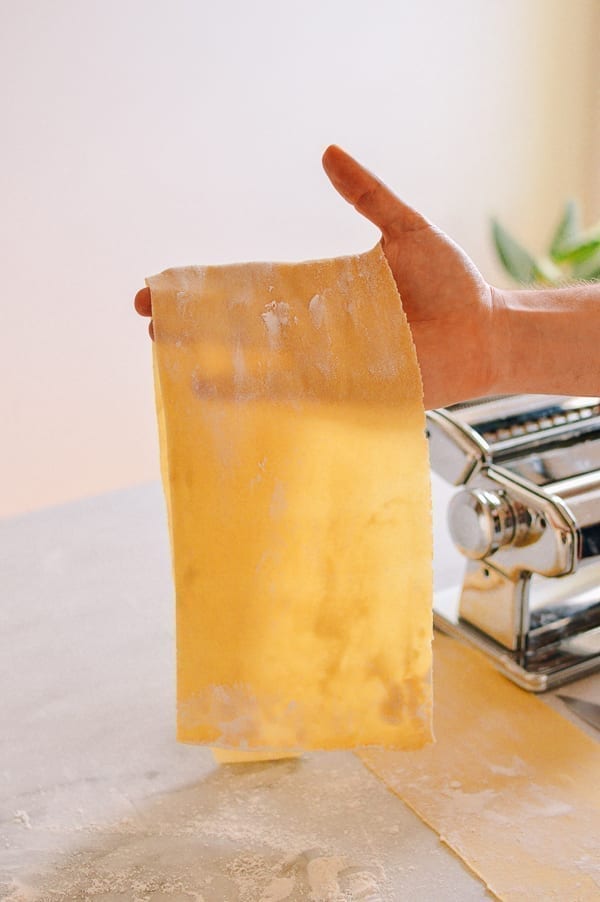 Thin sheet of noodle dough before cutting, thewoksoflife.com