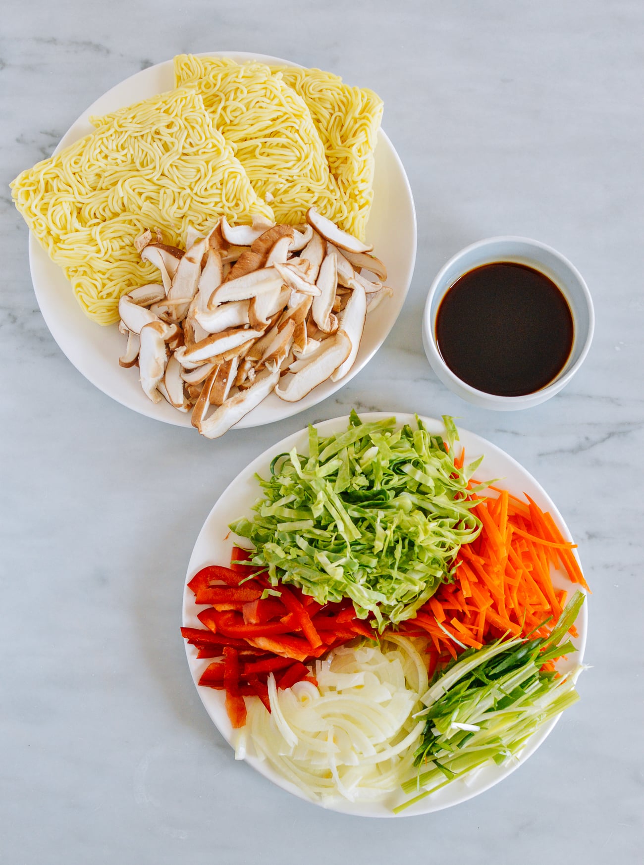 Vegetables, noodles, and sauce to make yakisoba