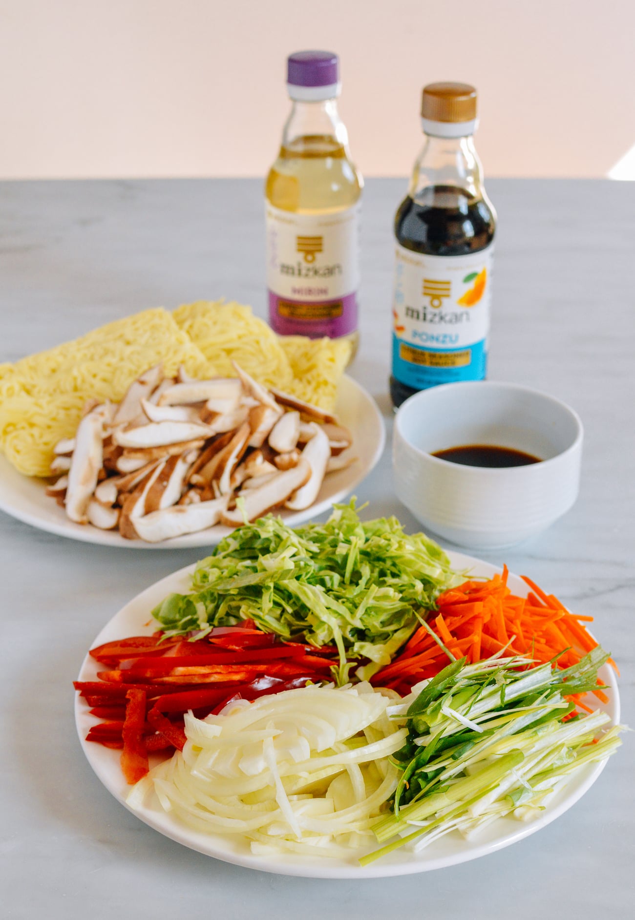 Vegetables, noodles, and sauce to make yakisoba