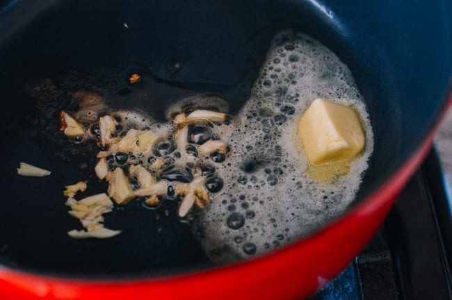 Butter, garlic, and dashi in pot, thewoksoflife.com