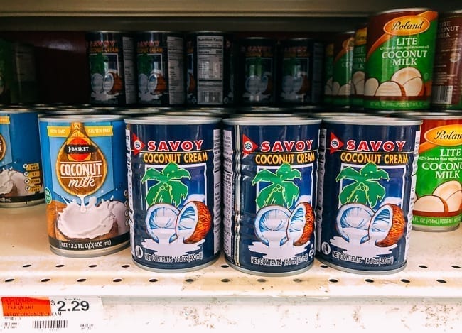 Cans of coconut cream on store shelves, thewoksoflife.com