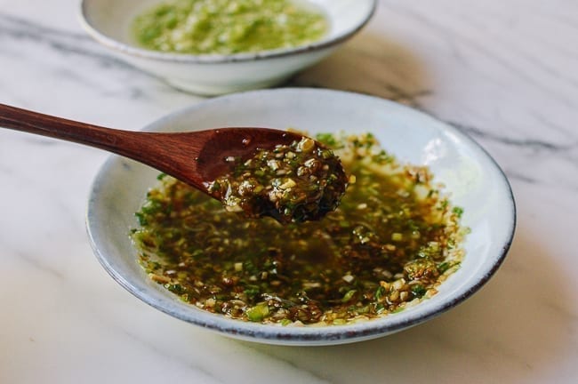 Ginger scallion sauce with soy sauce, thewoksoflife.com