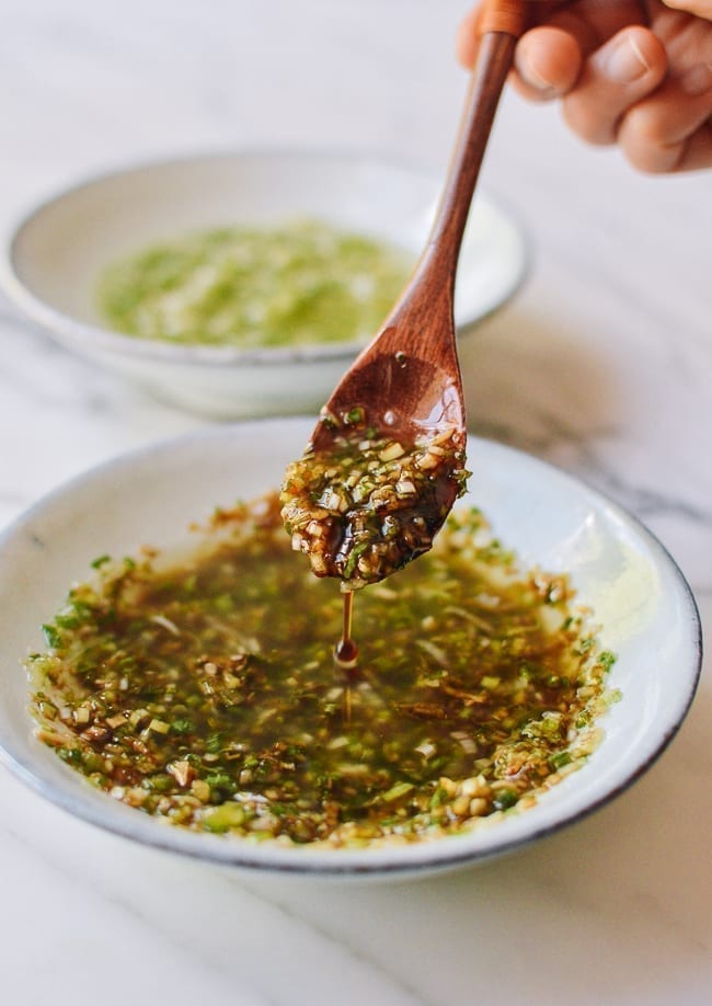 Adding soy sauce to ginger scallion oil, thewoksoflife.com