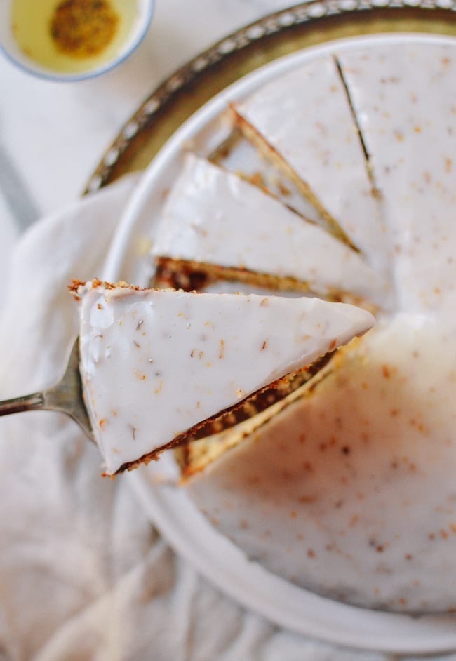 Slice of glazed osmanthus cake, thewoksoflife.com