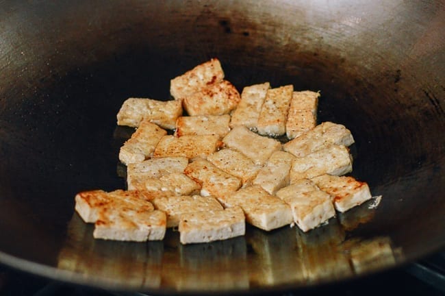 Pan-frying tofu in wok, thewoksoflife.com