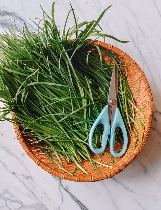 Garlic Chives in basket, thewoksoflife.com