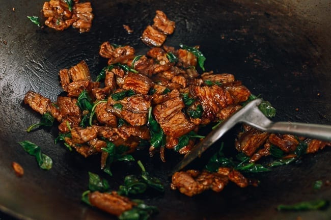 Thai Basil Pork Belly stir-fry in wok, thewoksoflife.com