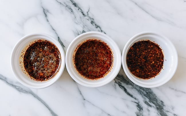Experimenting 3 bowls of chili oil, thewoksoflife.com