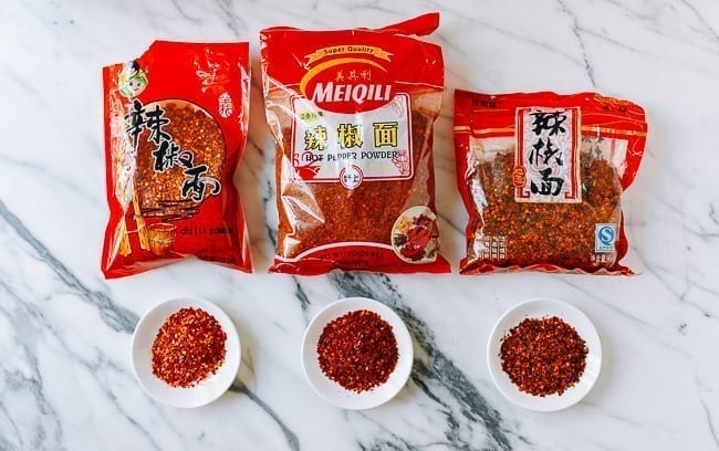Different brands of Chinese Sichuan chili flakes, thewoksoflife.com