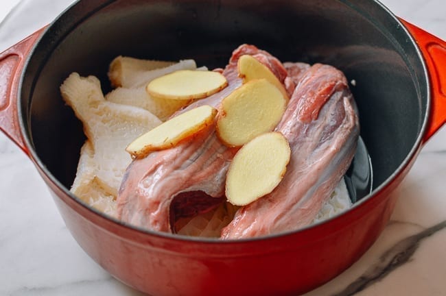 Beef shank, tripe, and ginger in pot, thewoksoflife.com
