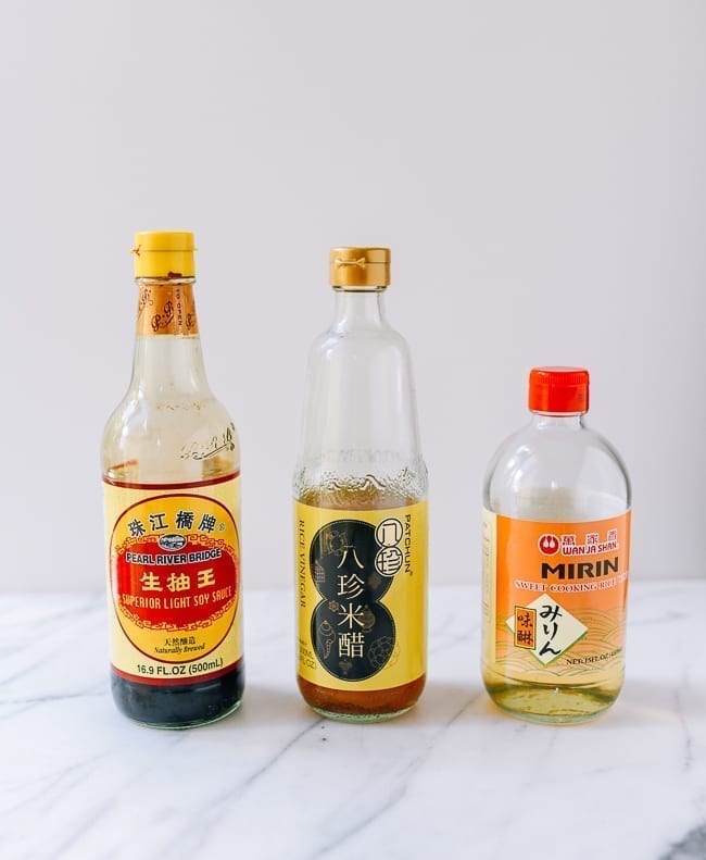 Soy sauce, rice vinegar, and mirin