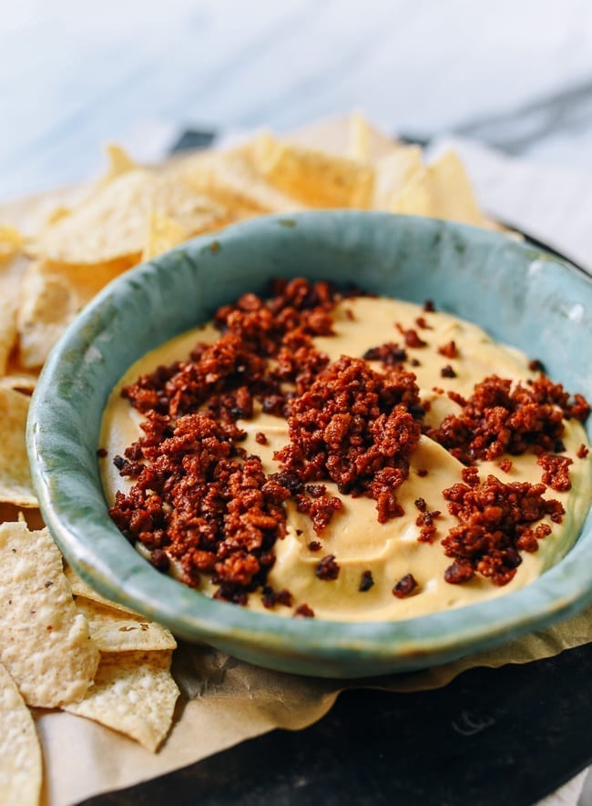 Vegan Queso with Vegan Chorizo on top, thewoksoflife.com