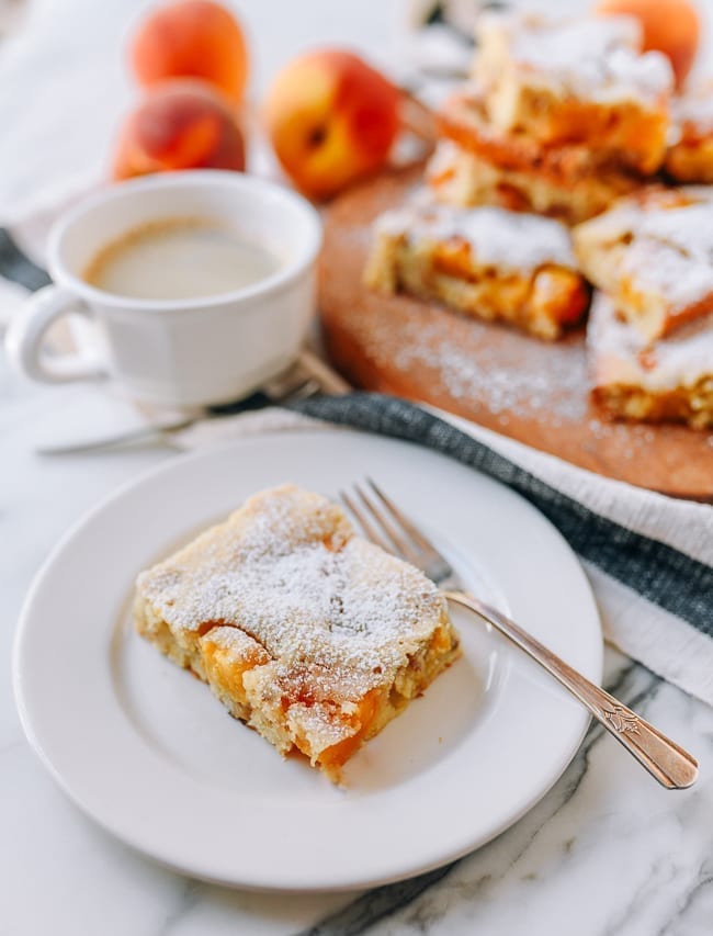 Peach square on plate with coffee, thewoksoflife.com