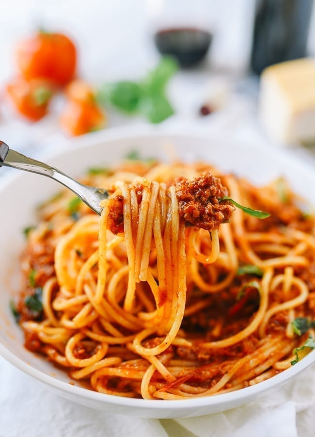 Forkful of spaghetti with meat sauce, thewoksoflife.com