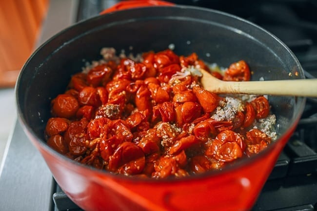 Roasted tomatoes and ground meat, thewoksoflife.com