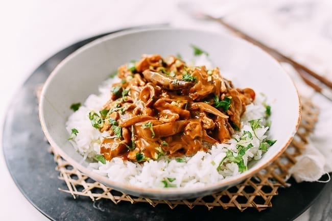 Vegan Filipino Adobo with Seitan over white rice, thewoksoflife.com