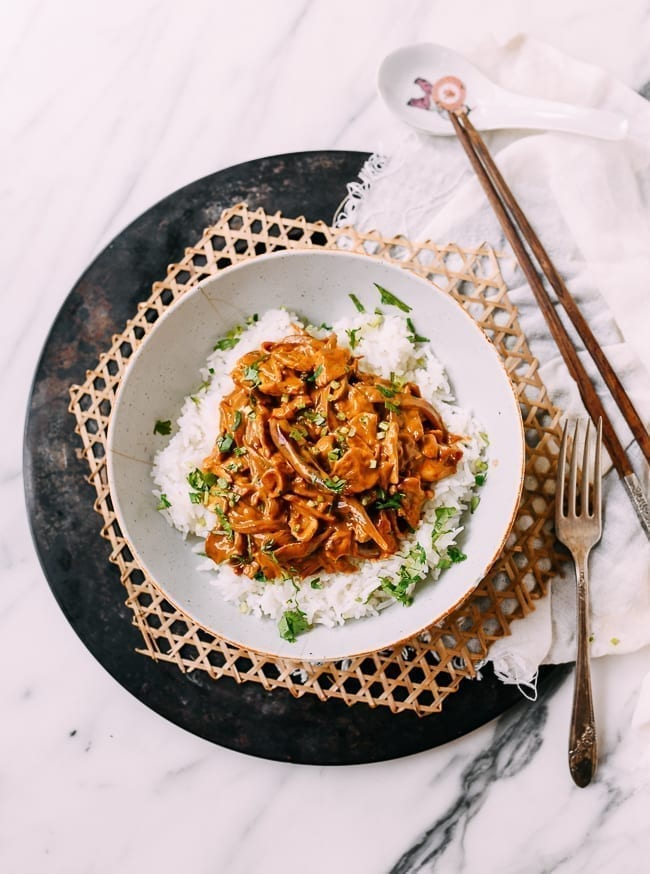 Bowl of rice with vegan adobo, thewoksoflife.com