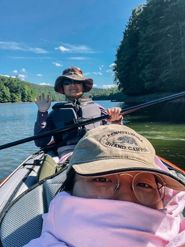 Kaitlin and Judy Kayaking on a reservoir, thewoksoflife.com