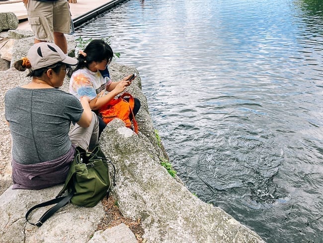 Kaitlin and Judy feeding the fish at Lake Mohonk, thewoksoflife.com