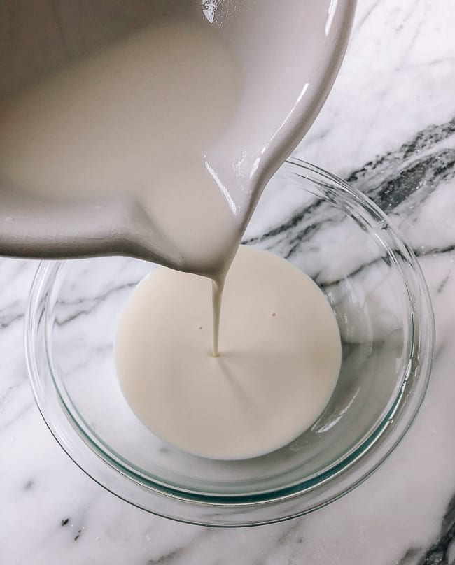 Pouring rice flour mixture into heatproof bowl, thewoksoflife.com