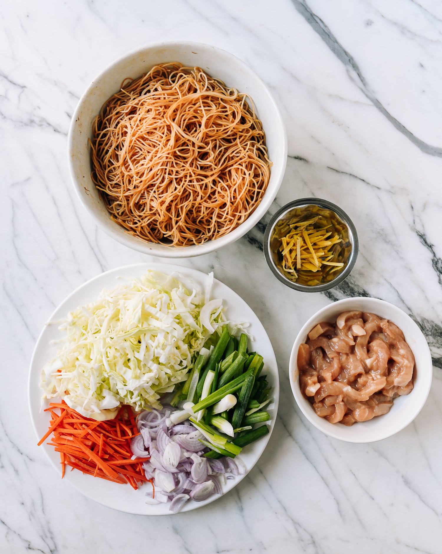 Chicken Mei Fun Ingredients, including noodles, vegetables, chicken, and ginger, thewoksoflife.com