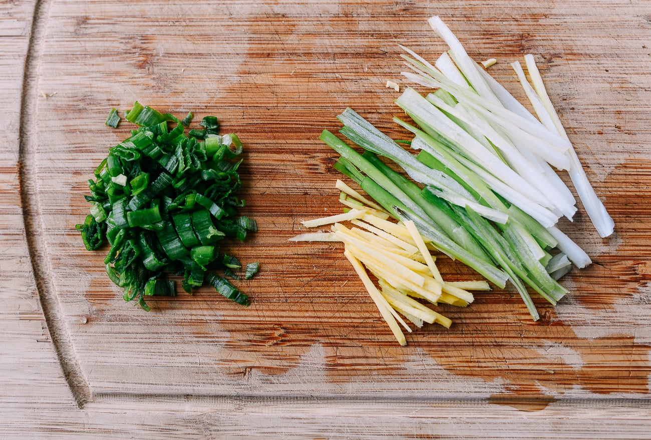 Chopped scallion greens with julienned ginger and scallion whites