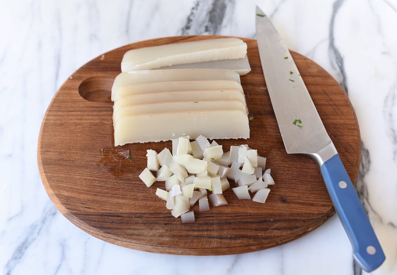 Dicing pork aspic into cubes, thewoksoflife.com