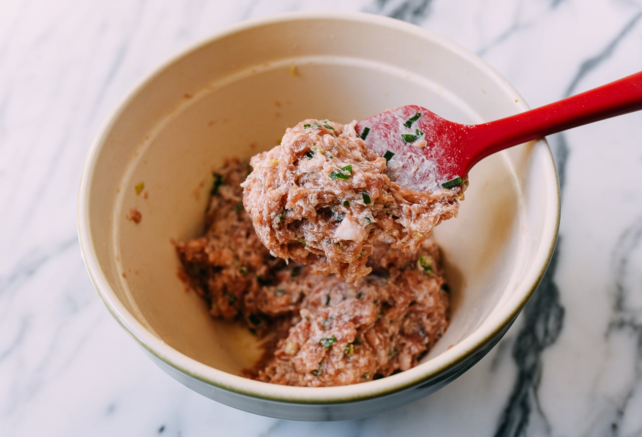 Pork filling for shengjian bao before adding aspic, thewoksoflife.com