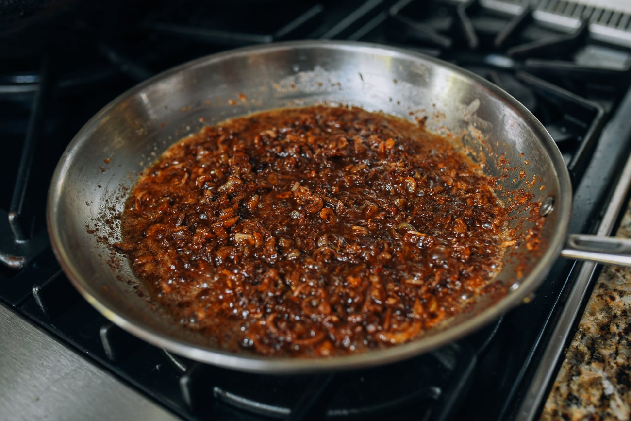 Shallots melted into shrimp sauce