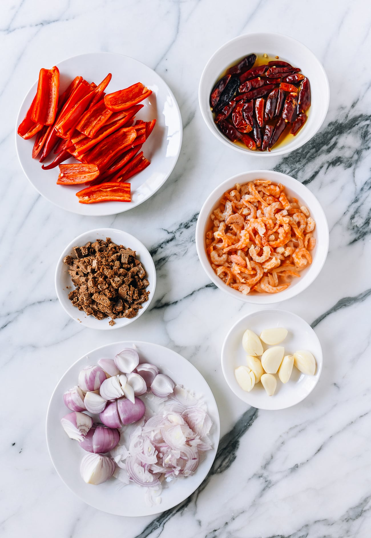 Fresh and dried chili, belacan, dried shrimp, shallots, and garlic
