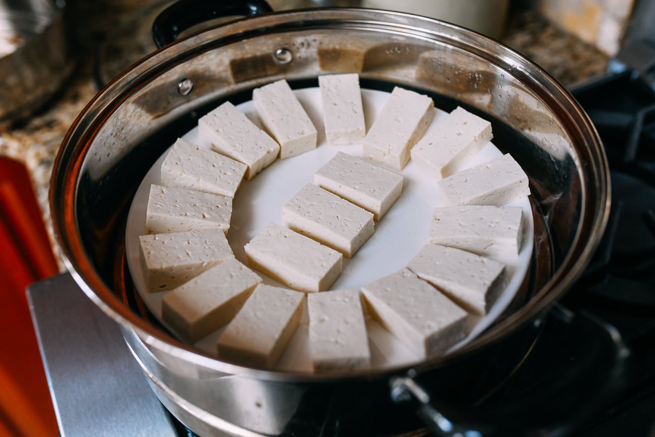 Tofu on plate in steamer