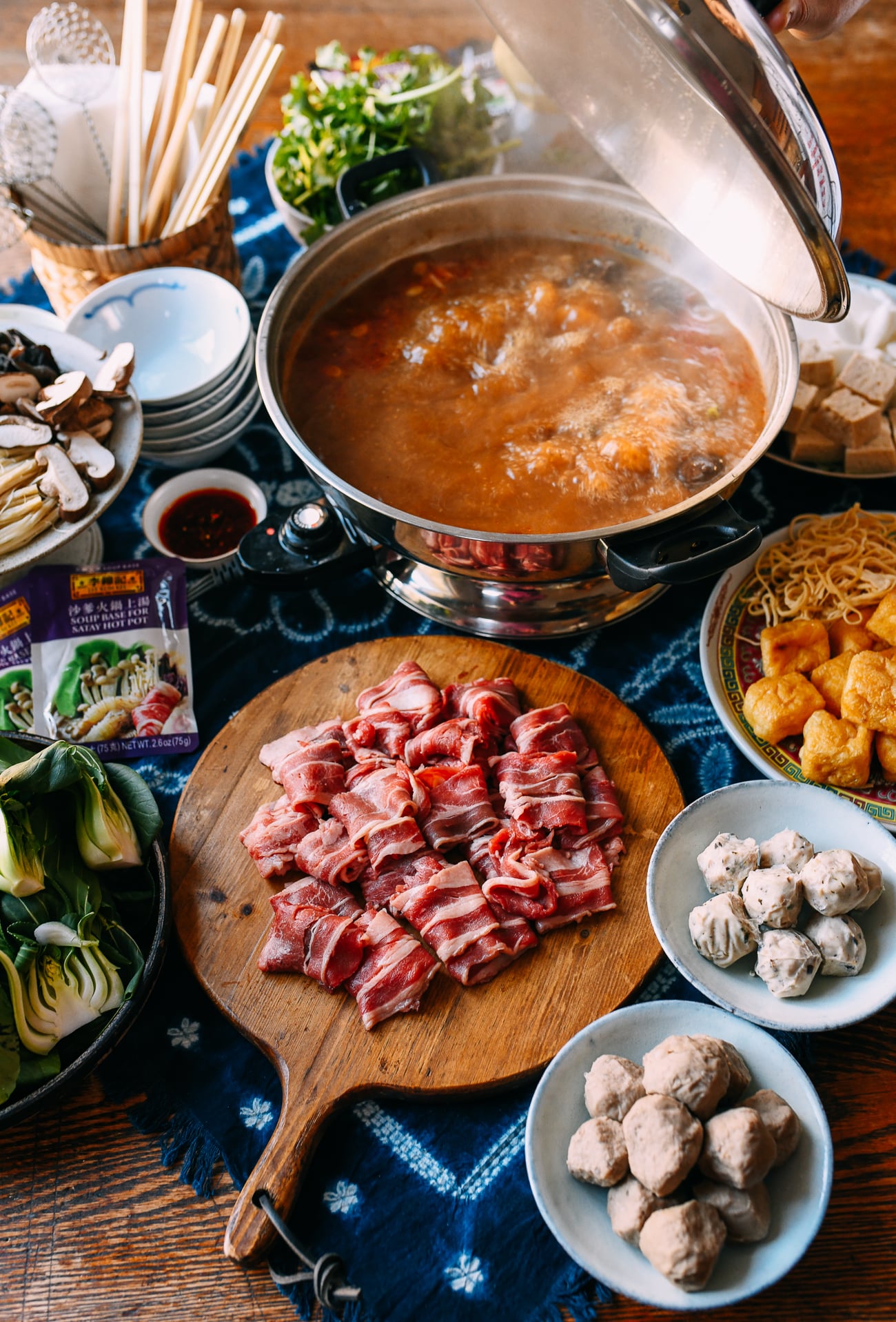 Hot Pot Spread, including sliced beef, beef, balls, and pork balls