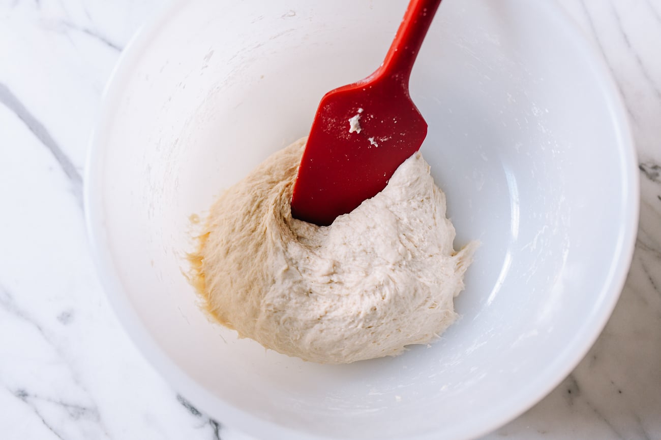 Stirring dough with silicone spatula