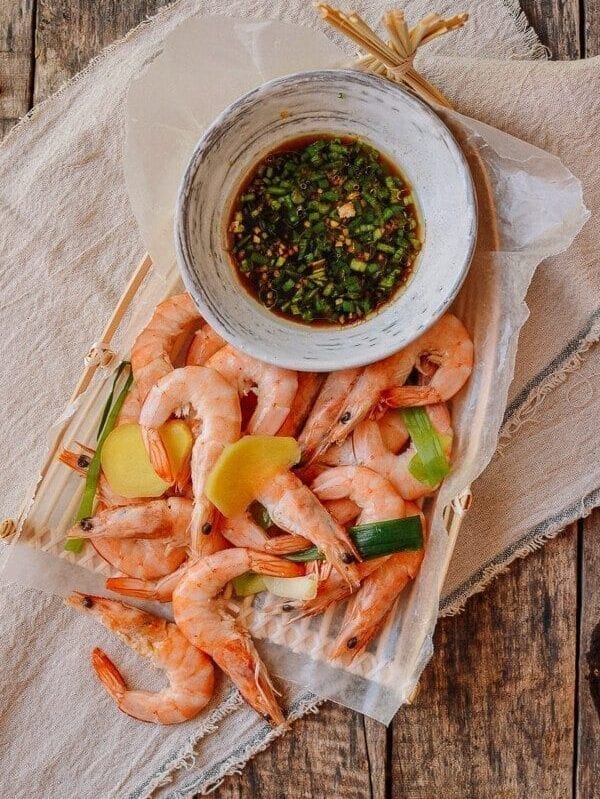 Chinese Boiled Shrimp with Ginger Scallion Dipping Sauce, by thewoksoflife.com