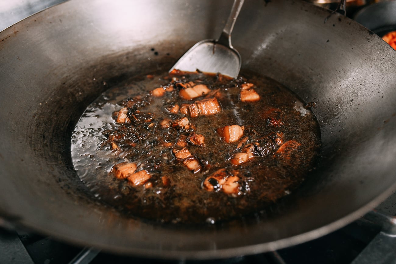 Meigan cai, pork belly, water, soy sauce, and Shaoxing wine