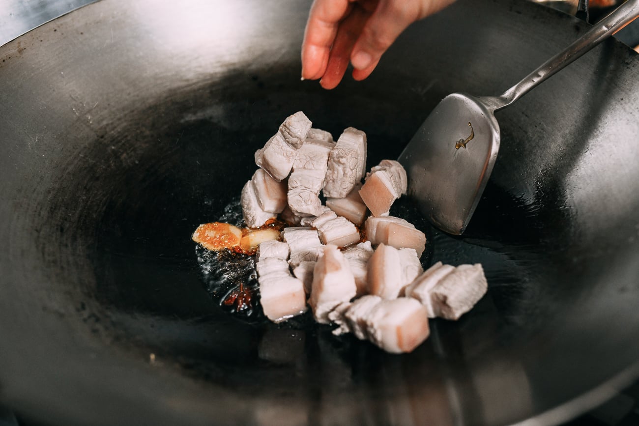 Adding Pork Belly to wok