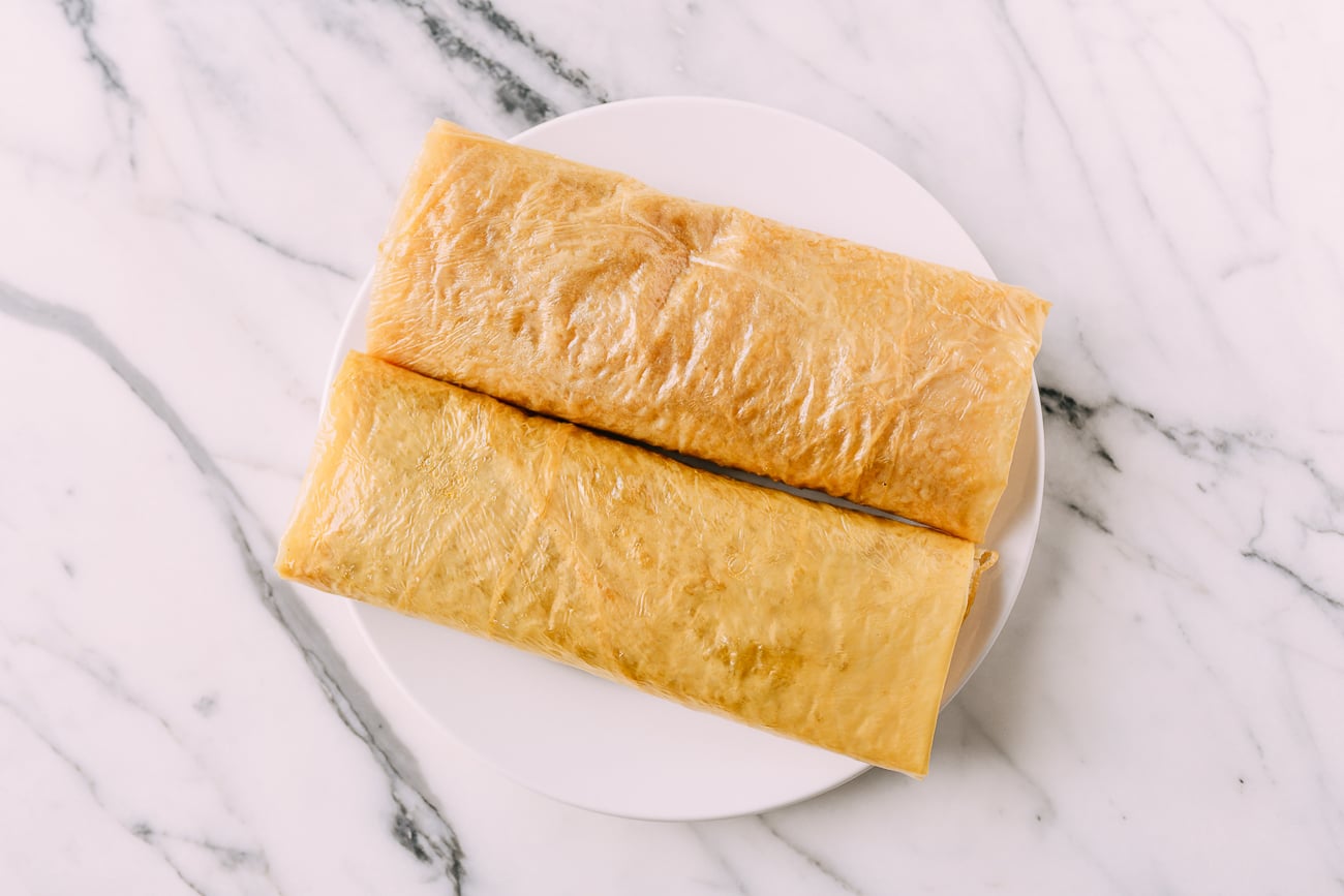 Two bean curd sheet rolls with vegetable filling