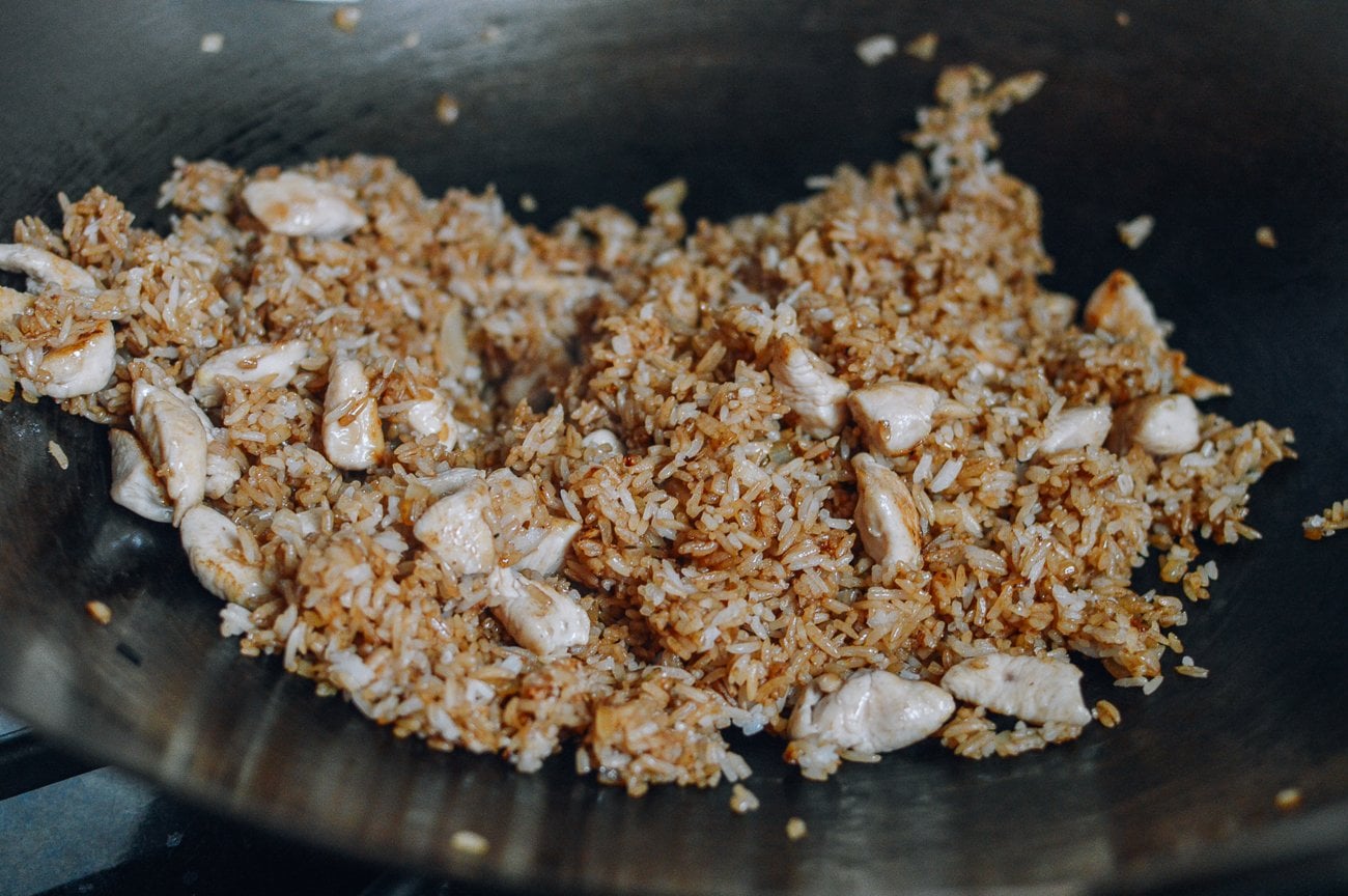 Chicken fried rice in wok