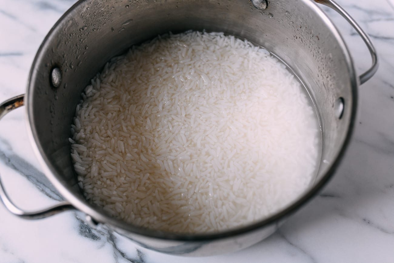 Pot with rice and water