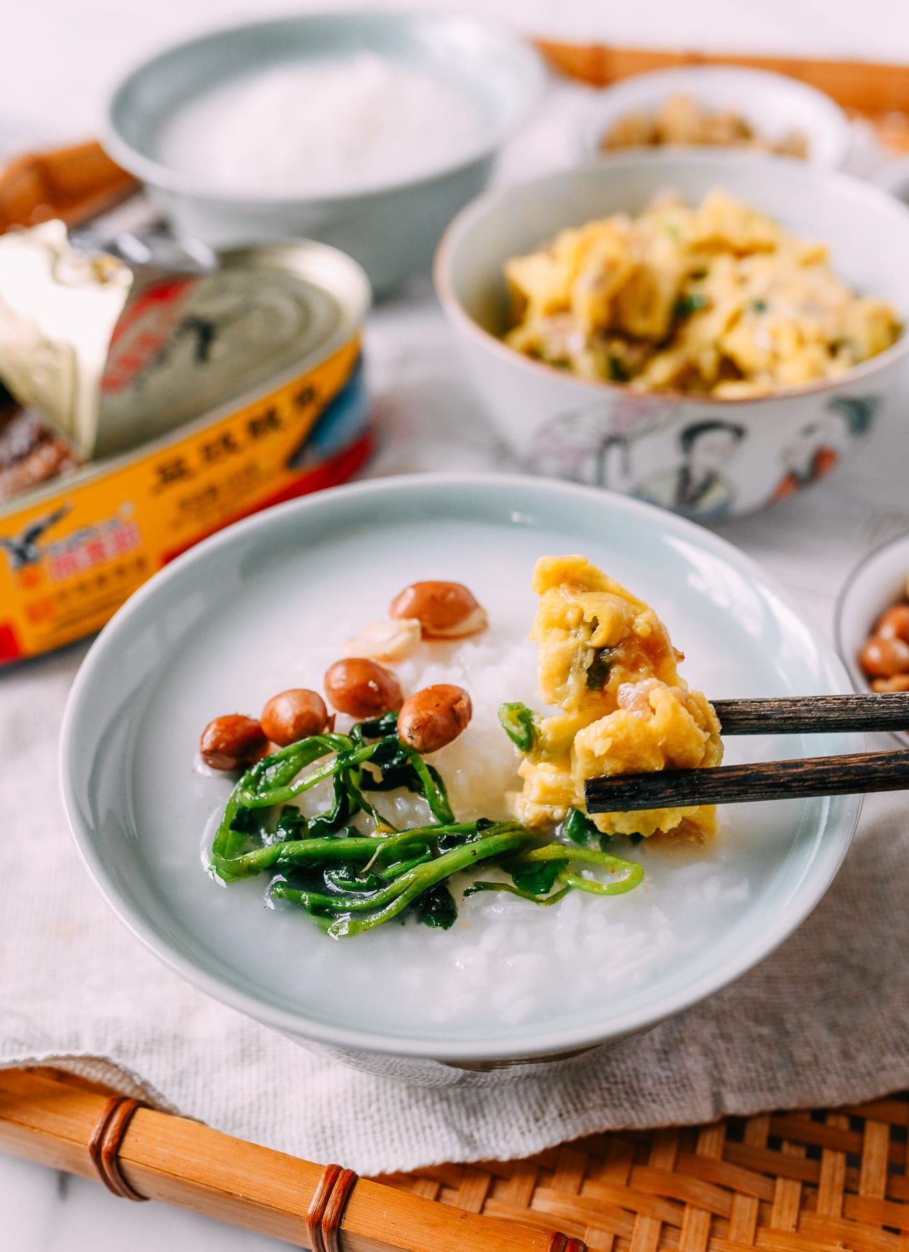 Pao fan with peanuts, eggs, and leftover greens