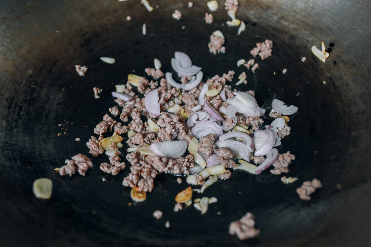 Adding shallots to ground pork