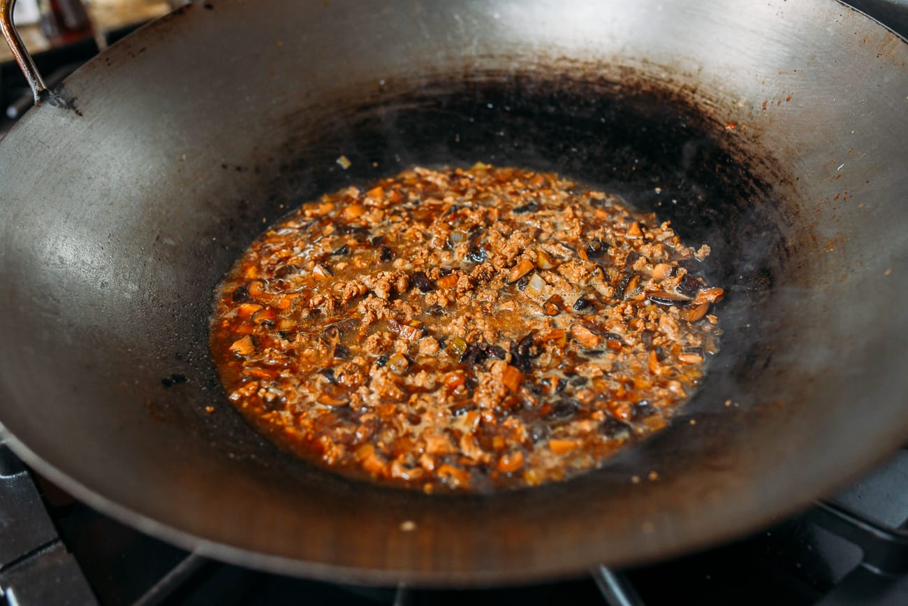 Ground pork and mushrooms in braising liquid