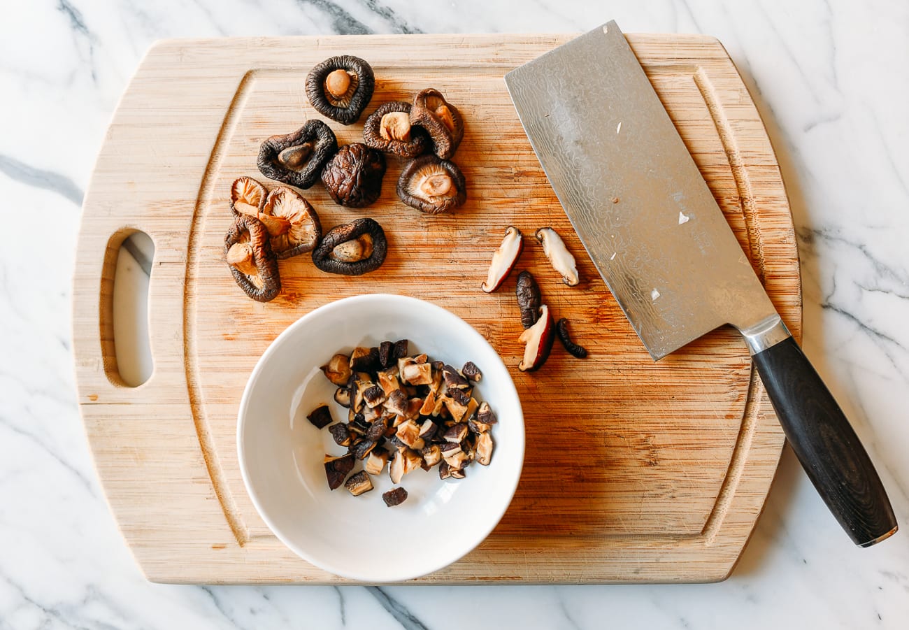 Dicing rehydrated shiitake mushrooms