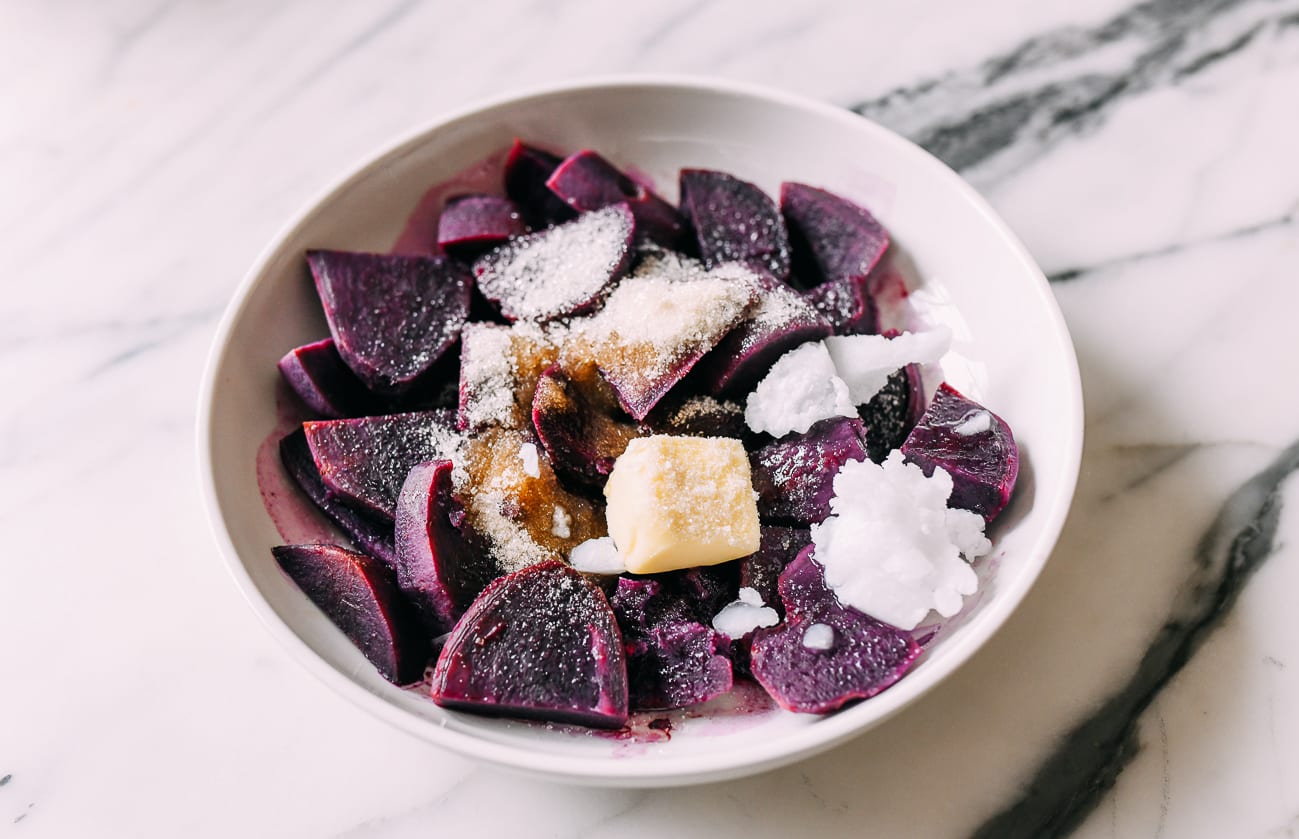 Butter, coconut oil, sugar, salt, and vanilla added to steamed ube