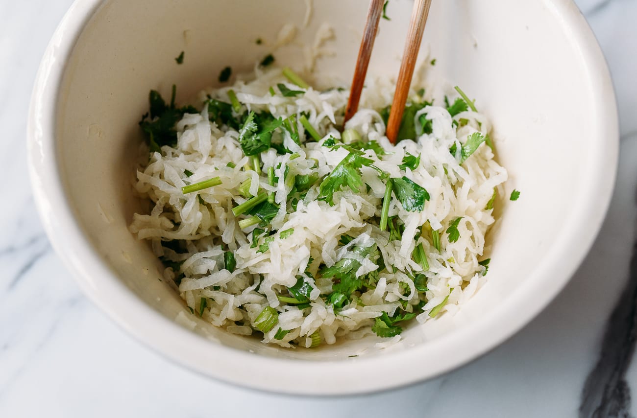 Shredded daikon, scallions, and cilantro