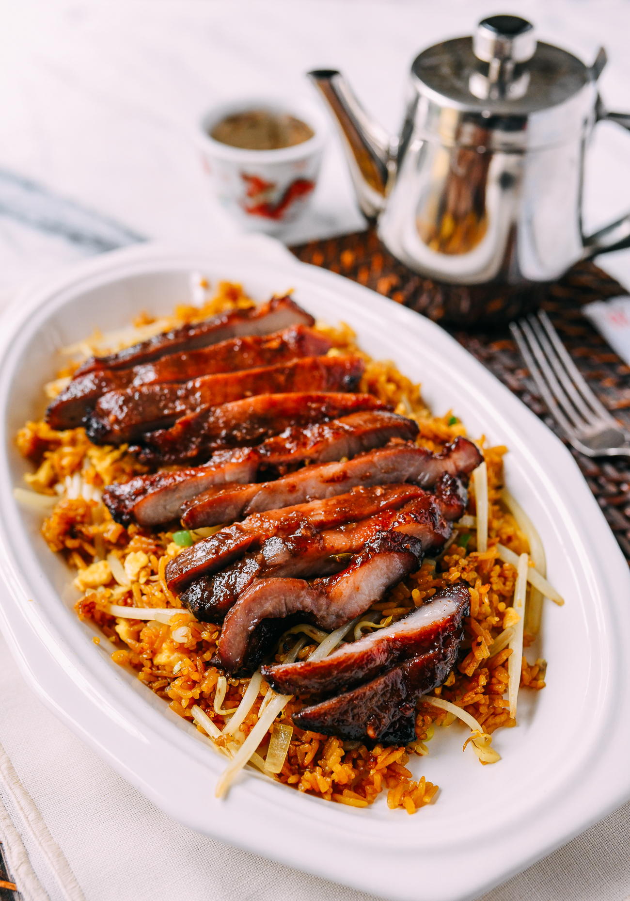 Plate of Chinese takeout boneless spare ribs with fried rice